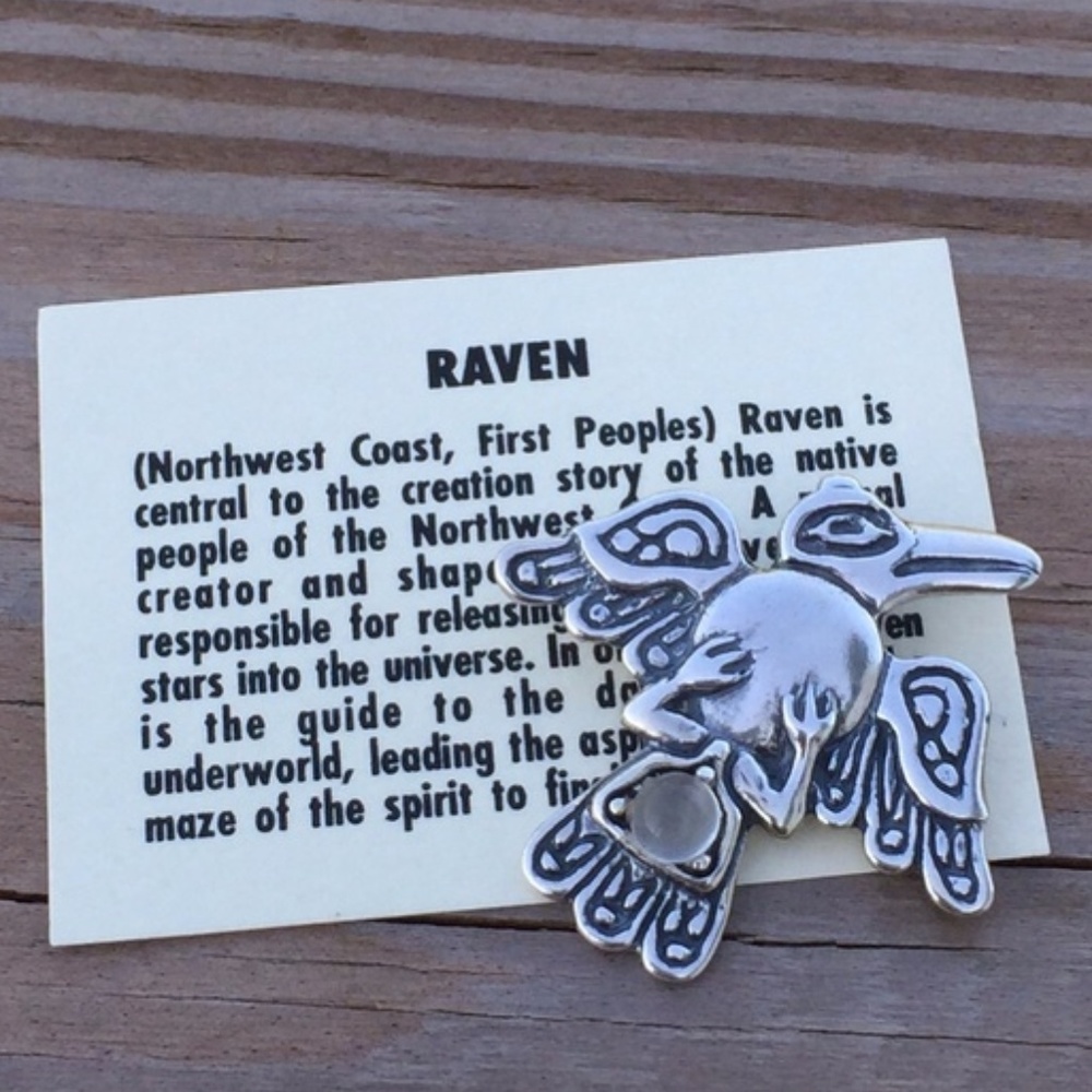 Raven Crow Pendant .925 Sterling Silver w/ genuine Moonstone gem Made in USA - Picture 2 of 8
